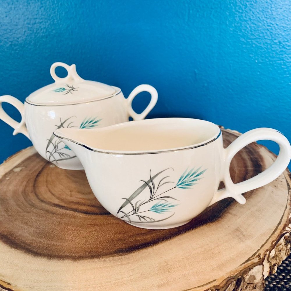 Vintage Canonsburg Teal/Grey Wheat Creamer & Sugar - Picture 10 of 10